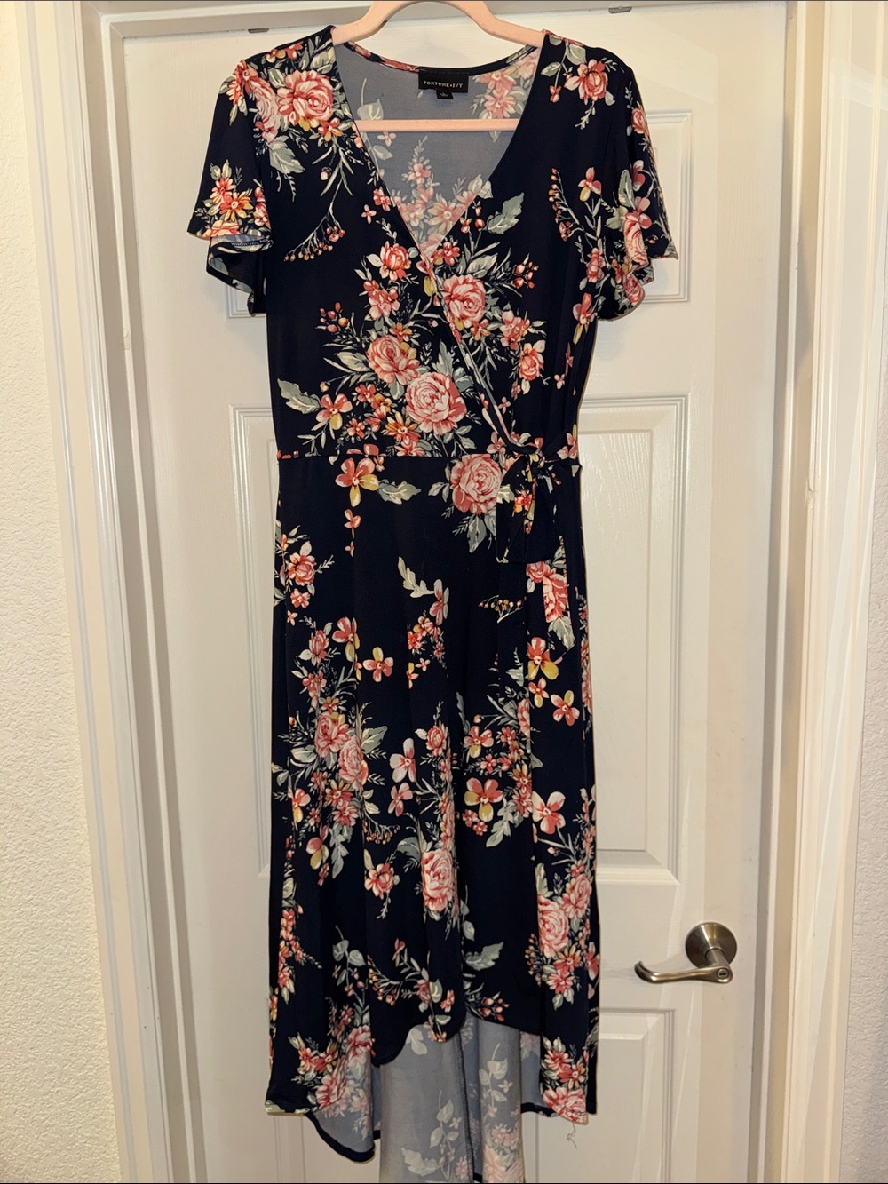 Floral Wrap High-Low Dress in Navy and Pink